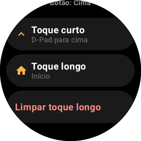 Opções de remapeamento do botão Cima no smartwatch — ações separadas de Toque curto (D-Pad para cima) e Toque longo (Início)