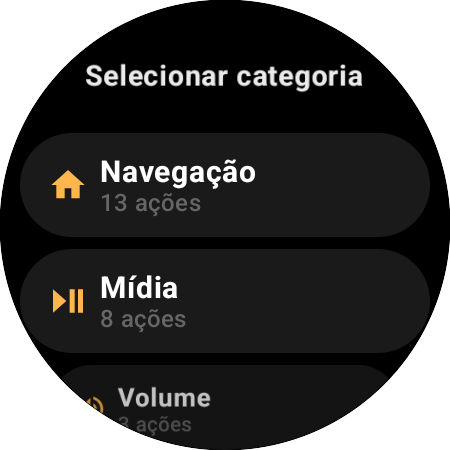 Lista de categorias do remapeamento — Navegação com 13 ações, Mídia com 8 e Volume com 3