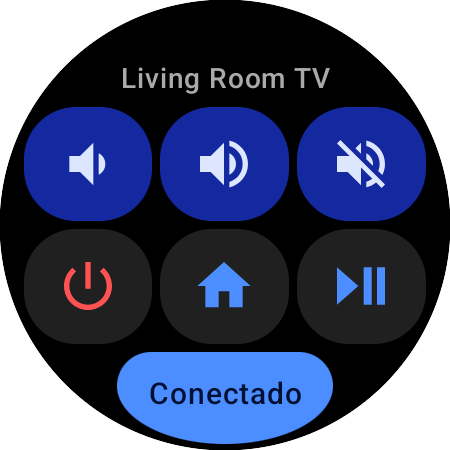 Card de Ações rápidas do Wear OS para uma TV Samsung — Living Room TV, seis botões de volume, mudo, liga/desliga, Início e reproduzir/pausar, e um botão de status Conectado