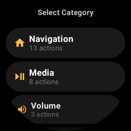 Remap category picker — Navigation with 13 actions, Media with 8, Volume with 3