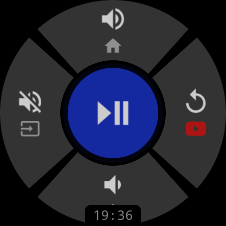 Customized smartwatch remote combining volume, Home, input switch, and a YouTube shortcut on one screen
