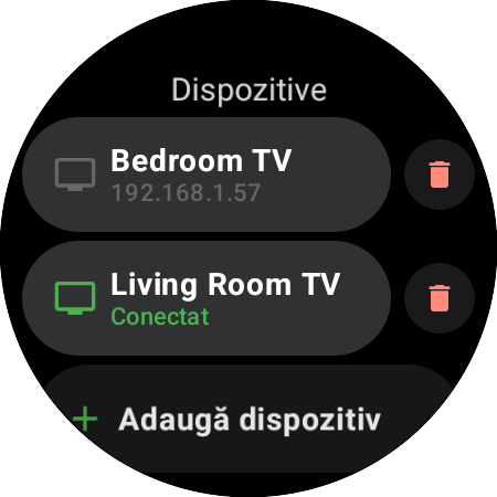 Lista Dispozitive pe un ceas smart – Living Room TV conectat, Bedroom TV salvat și butonul Adaugă dispozitiv