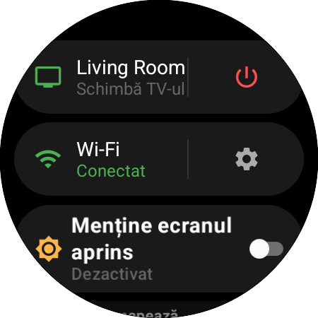 Meniul ceasului cu televizorul Samsung activ și scurtătura Schimbă TV-ul, un buton de pornire, starea Wi-Fi și Menține ecranul aprins
