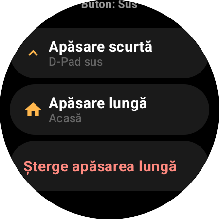 Opțiunile de remapare pentru butonul Sus pe un ceas smart – acțiuni separate pentru Apăsare scurtă (D-Pad sus) și Apăsare lungă (Acasă)