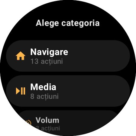 Lista categoriilor de remapare – Navigare cu 13 acțiuni, Media cu 8, Volum cu 3