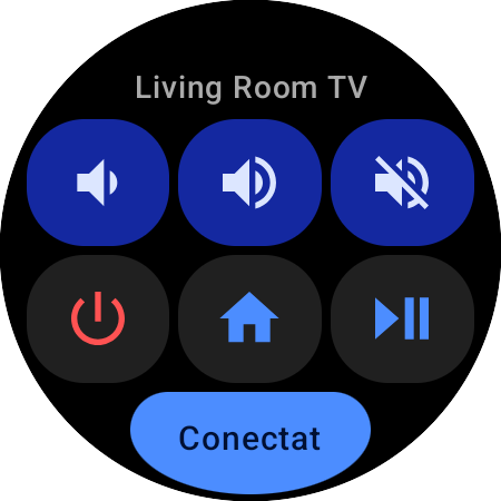 Cardul Acțiuni rapide Wear OS pentru un televizor Samsung – Living Room TV, șase butoane pentru volum, fără sunet, pornire, Acasă și redare/pauză, plus butonul de stare Conectat