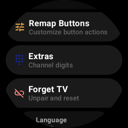 Settings screen with Remap Buttons, Extras, Forget TV, and Language options