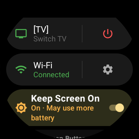 Quick settings panel — TV power, Wi-Fi status, and Keep Screen On toggle