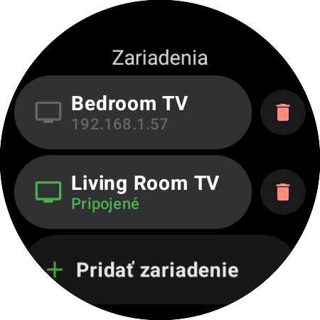 Zoznam Zariadenia na smart hodinkách – Living Room TV pripojený, Bedroom TV uložený a tlačidlo Pridať zariadenie