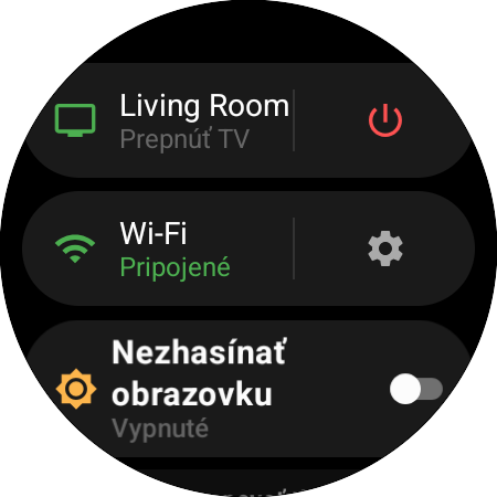 Ponuka hodiniek s aktívnym televízorom Samsung a skratkou Prepnúť TV, tlačidlom napájania, stavom Wi-Fi a voľbou Nezhasínať obrazovku