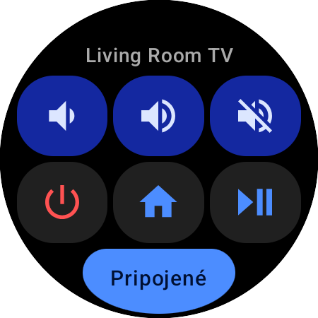 Dlaždica Rýchle akcie vo Wear OS pre televízor Samsung – Living Room TV, šesť tlačidiel pre hlasitosť, stlmenie, napájanie, Domov a prehrávanie/pauzu a tlačidlo stavu Pripojené