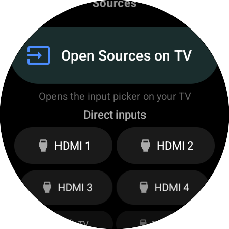 Obrazovka Zdroje na chytrých hodinkách – Otevřít Zdroje na TV a přímá tlačítka HDMI 1 až HDMI 4