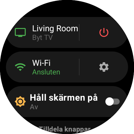 Klockans meny med den aktiva Samsung-TV:n och genvägen Byt TV, en på/av-knapp, Wi-Fi-status och Håll skärmen på
