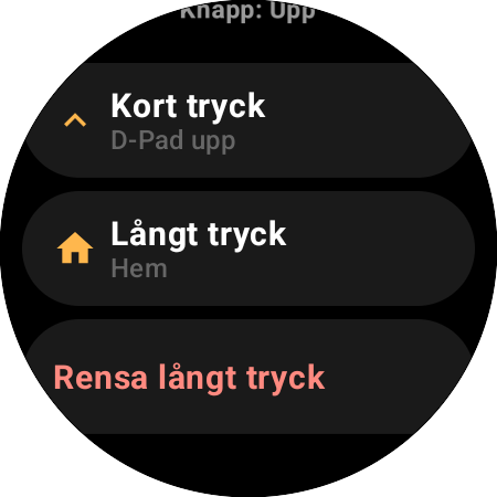 Tilldelning för knappen Upp på en smartklocka – separata åtgärder för Kort tryck (D-Pad upp) och Långt tryck (Hem)