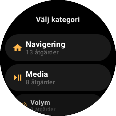 Kategorilistan i Tilldela knappar – Navigering med 13 åtgärder, Media med 8, Volym med 3