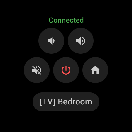 Wear OS Quick Actions Tile for a Samsung TV — Volume Up and Down, Mute, Power, and Home buttons with a Connected status