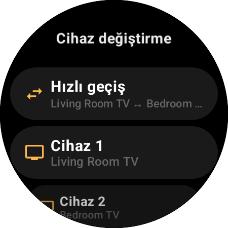 Cihaz değiştirme ataması — tek tuşta Living Room TV ile Bedroom TV arasında Hızlı geçiş