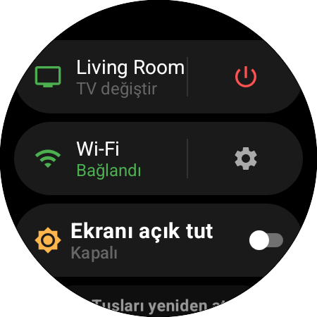 Etkin Samsung TV ve TV değiştir kısayolu, güç tuşu, Wi-Fi durumu ve Ekranı açık tut seçeneğinin bulunduğu saat menüsü