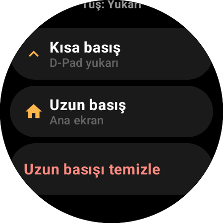 Akıllı saatte Yukarı tuşu için atama seçenekleri — ayrı Kısa basış (D-Pad yukarı) ve Uzun basış (Ana ekran) eylemleri