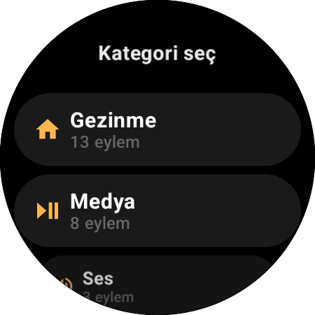 Atama kategori listesi — 13 eylemli Gezinme, 8 eylemli Medya, 3 eylemli Ses