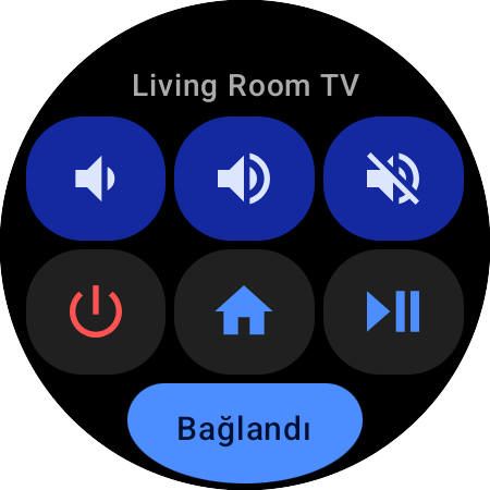 Samsung TV için Wear OS Hızlı İşlemler kartı — Living Room TV, ses, sessiz, güç, Ana ekran ve oynat/duraklat için altı tuş ve Bağlandı durum düğmesi