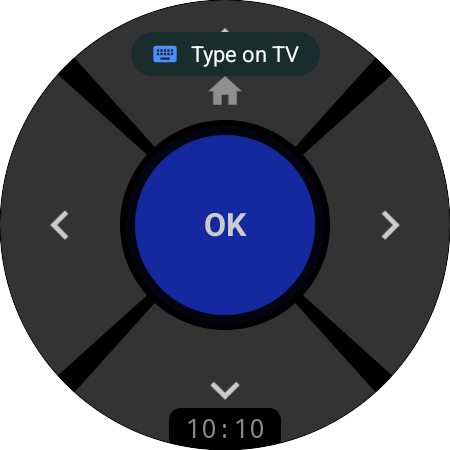 Ovladač k TV Samsung na hodinkách se zkratkou Psát na TV, která se objeví, když televize otevře klávesnici na obrazovce