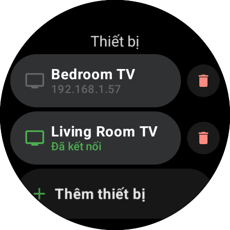 Danh sách “Thiết bị” trên đồng hồ thông minh — Living Room TV đã kết nối, Bedroom TV đã lưu và nút “Thêm thiết bị”