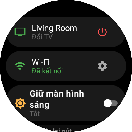 Menu đồng hồ với TV Samsung đang dùng và lối tắt “Đổi TV”, nút nguồn, trạng thái Wi-Fi và “Giữ màn hình sáng”