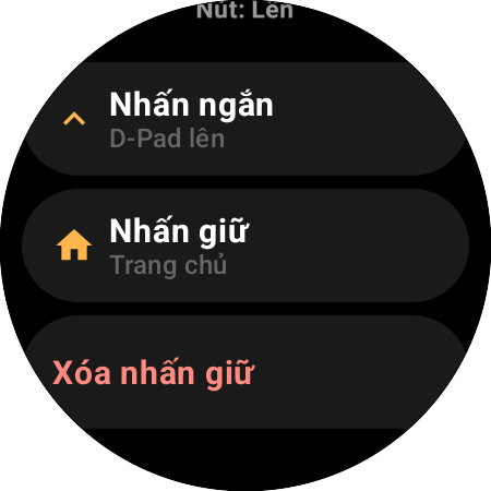 Tùy chọn gán lại cho nút Lên trên đồng hồ thông minh — thao tác Nhấn ngắn (D-Pad lên) và Nhấn giữ (Trang chủ) riêng biệt