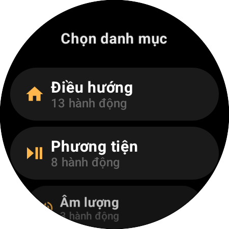 Danh sách danh mục gán lại — Điều hướng với 13 hành động, Phương tiện với 8, Âm lượng với 3